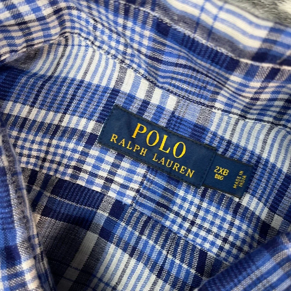 Polo Ralph Lauren Mens 2XB Blue White Plaid 100%Linen Button Down Shirt Big Tall